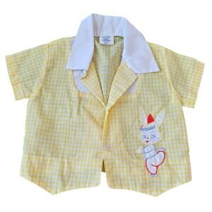 Vintage 1950s Baby Sz 9M Button Up Yellow Gingham Top Easter Bunny Embroidered